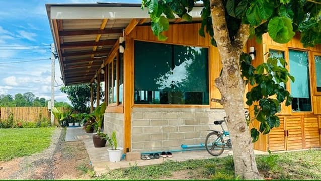 Hidden Loft — a long teak cabin half-hidden behind a tree, with morning light.